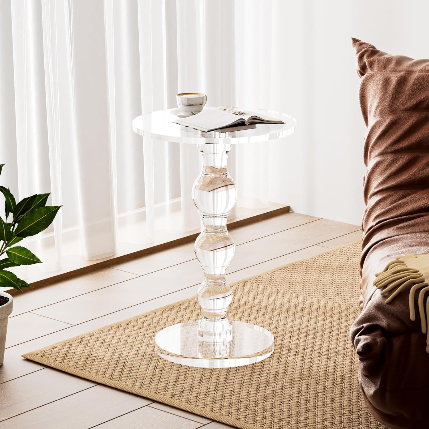 Acrylic Side Table, Acrylic End Table,Clear Round Side/End Table with Support Rod for Office Living Room Bedroom, Modern Drink Table/Clear Nightstand, Easy Assembly (2 pcs)