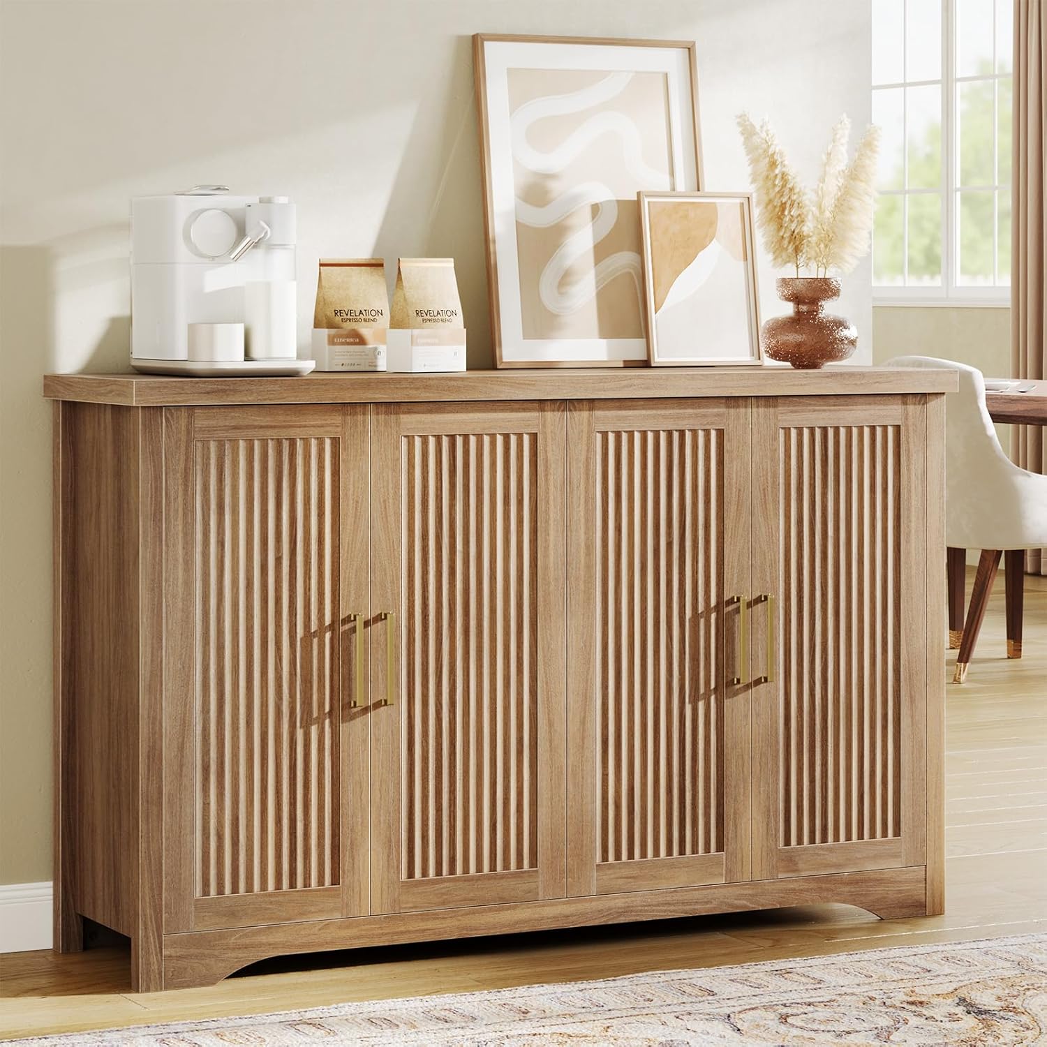 Memobarco Fluted Buffet Cabinet with Storage Accent Sideboard,Modern Credenza with 4 Doors & Adjustable Shelves,Wood Coffee Bar Table Console for Dining Room Kitchen Living Room Entryway,Natural Oak
