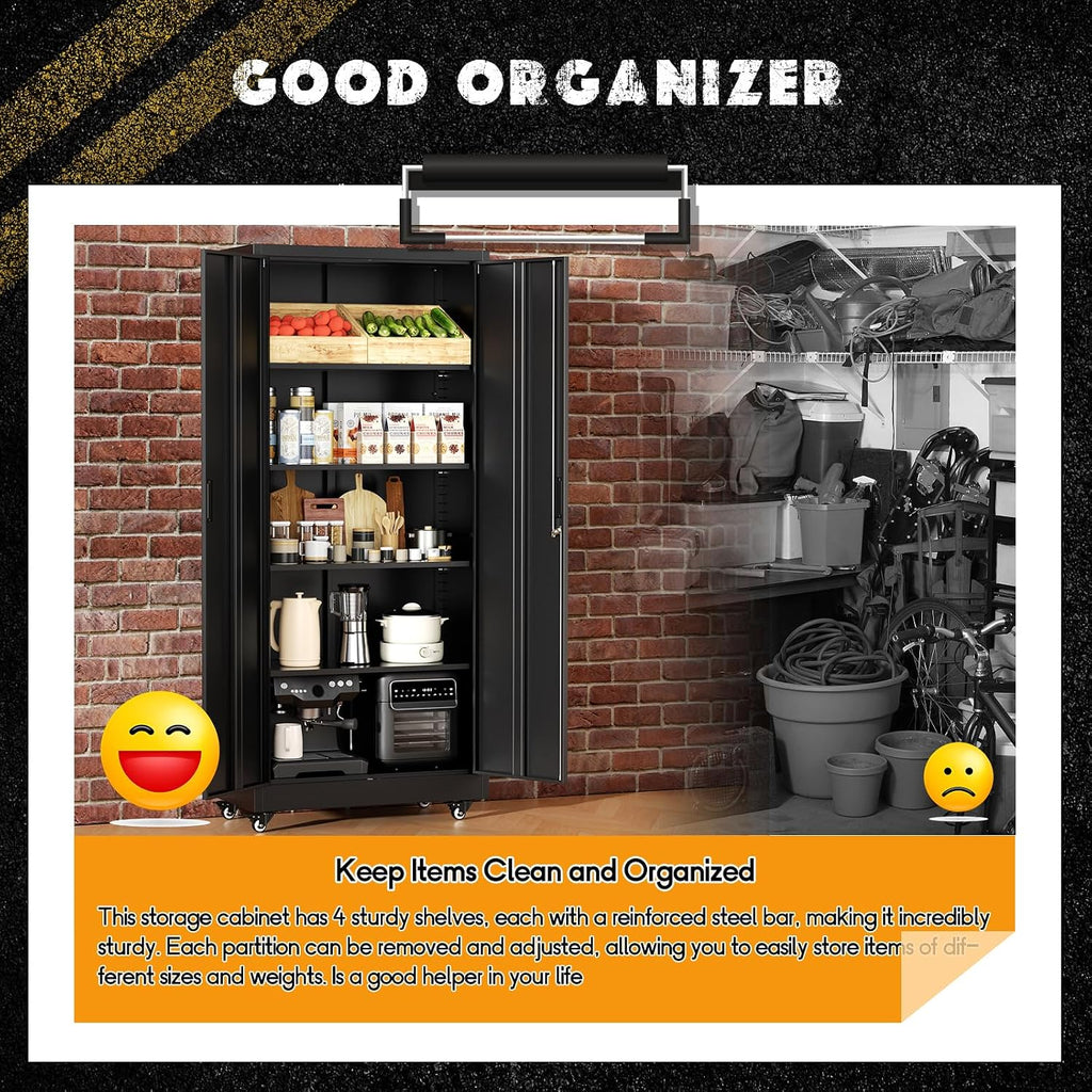 Greenvelly 73" Metal Garage Storage Cabinet with Wheels, Black Lockable Metal Cabinet with 2 Doors and 4 Adjustable Shelves, Rolling Steel Tool Organization for Garage, Home, Office, School