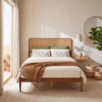 KOMFOTT Queen Size Bed Frame, Wood Platform Bed with PE Rattan Headboard