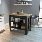 Kitchen Island with Three Concealed Shelves, Black, Light Oak | Modern kitchen island with three concealed shelves and ample storage space