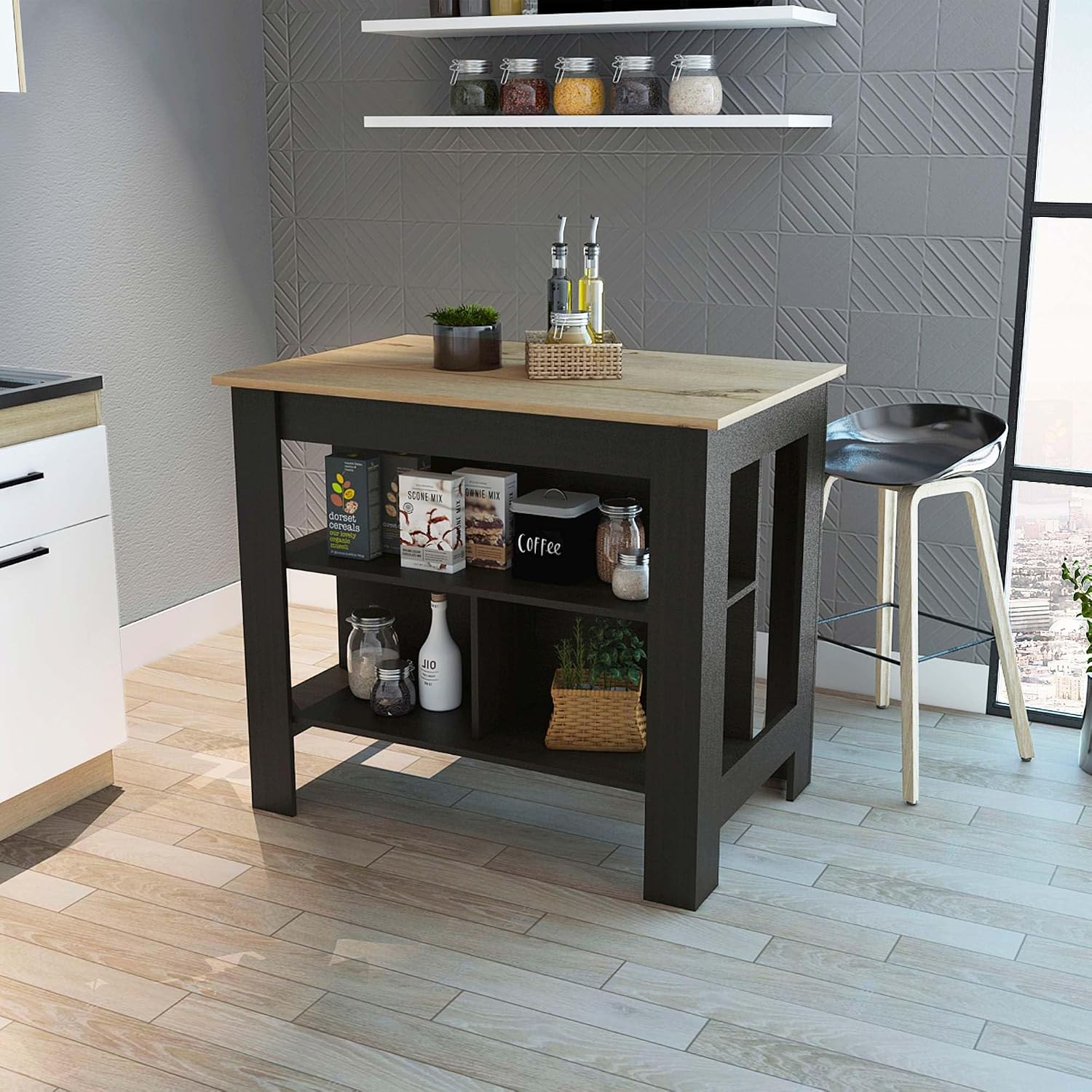 Kitchen Island with Three Concealed Shelves, Black, Light Oak | Modern kitchen island with three concealed shelves and ample storage space