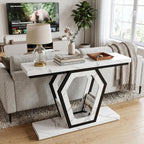 senlin Sofa Table 47.3 Inch Narrow Console Table with Openwork Frame, Industrial Entryway Table for Hallway, Rustic Wood and Metal, Adjustable Leg Pads, Easy Assembly（White Marble Texture）