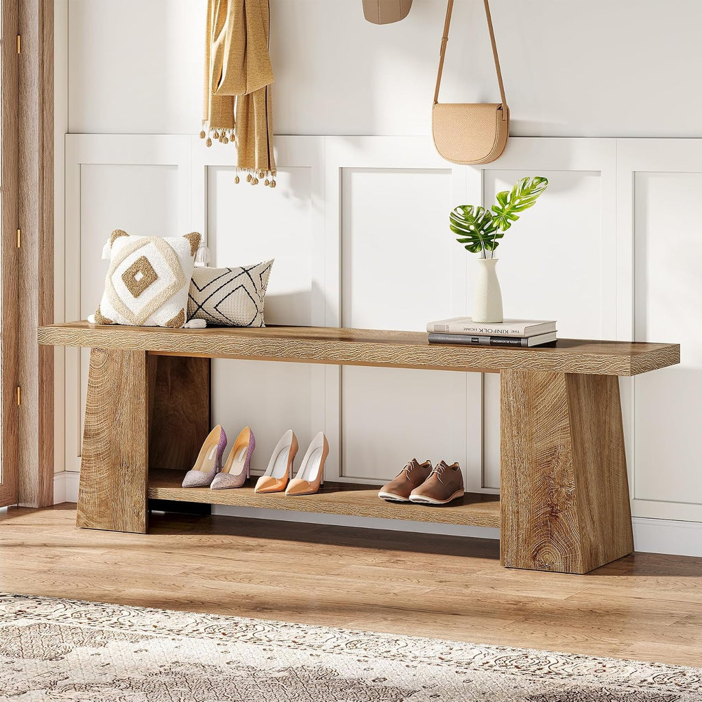 Tribesigns 2-Tier Entryway Bench, 59-Inch Extra Long Shoe Bench with Storage Shelves, Wood End of Bed Seat, Farmhouse Hallway Foyer Seat with Open Shelves for Entryway, Bedroom, Living Room, Natural