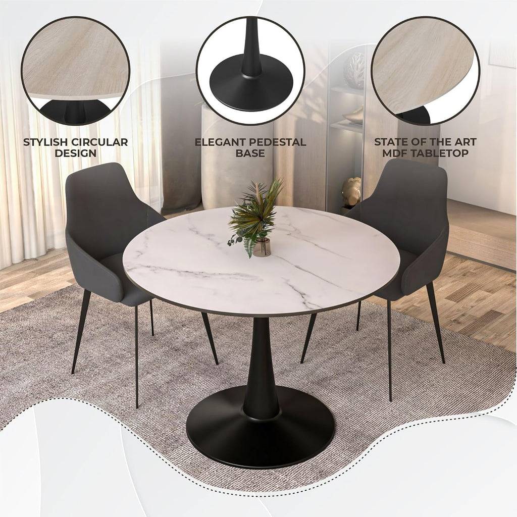 LeisureMod Bristol 40" Round Dining Table, Modern MDF Wood in Black Metal Pedestal Base Accent Table Mid-Century Café Table, Kitchen Dining Room Furniture, Marbled White