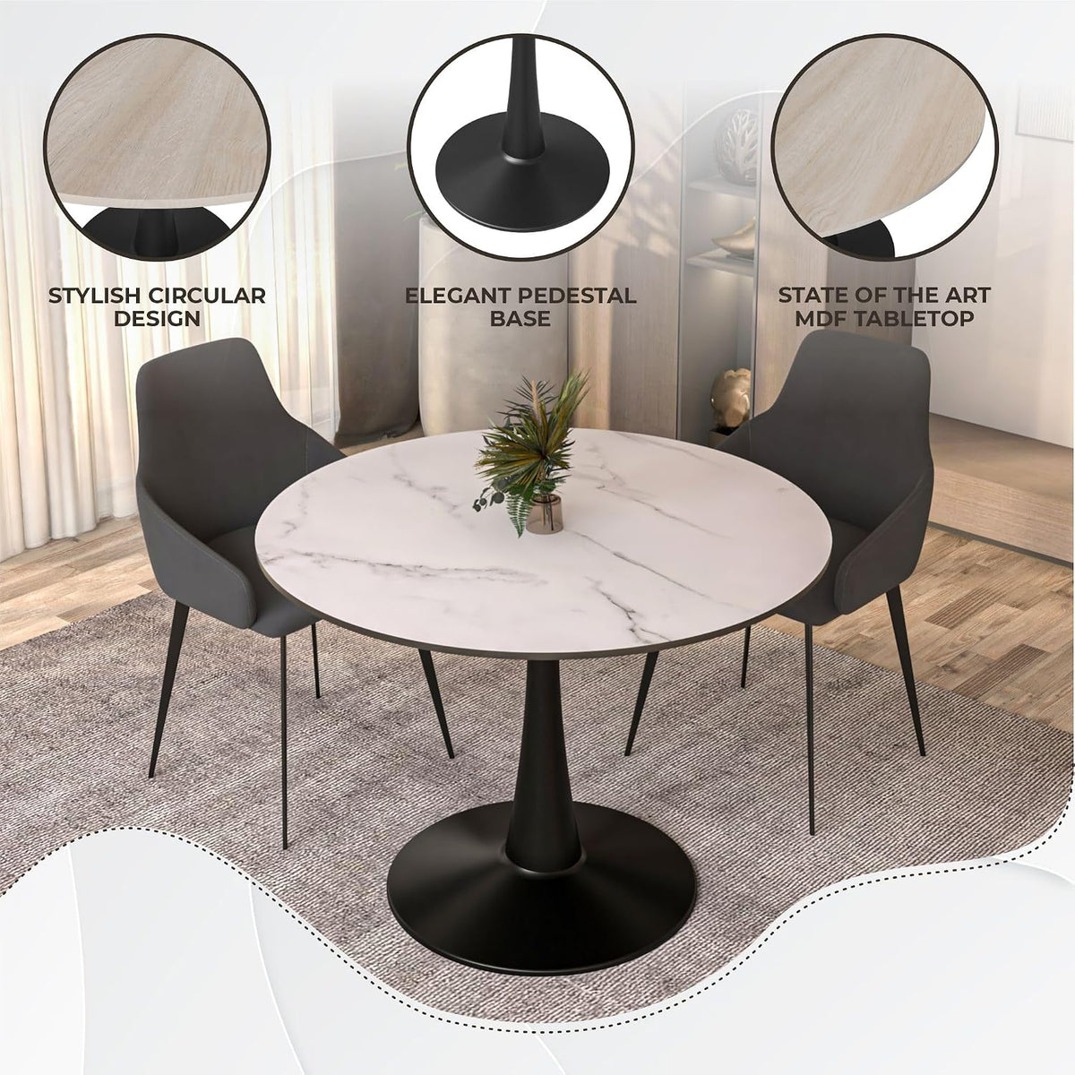 LeisureMod Bristol 40" Round Dining Table, Modern MDF Wood in Black Metal Pedestal Base Accent Table Mid-Century Café Table, Kitchen Dining Room Furniture, Marbled White