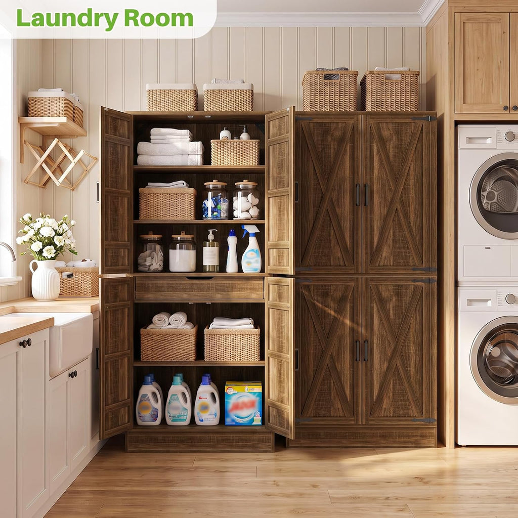 Unikito 71" Tall Kitchen Pantry Storage Cabinet with Built-in Drawer | 31.5" Wide Wood Farmhouse Storage Cabinet with Barn Doors and 3 Shelves, for Home Kitchen,Dining/Living/Laundry/Room