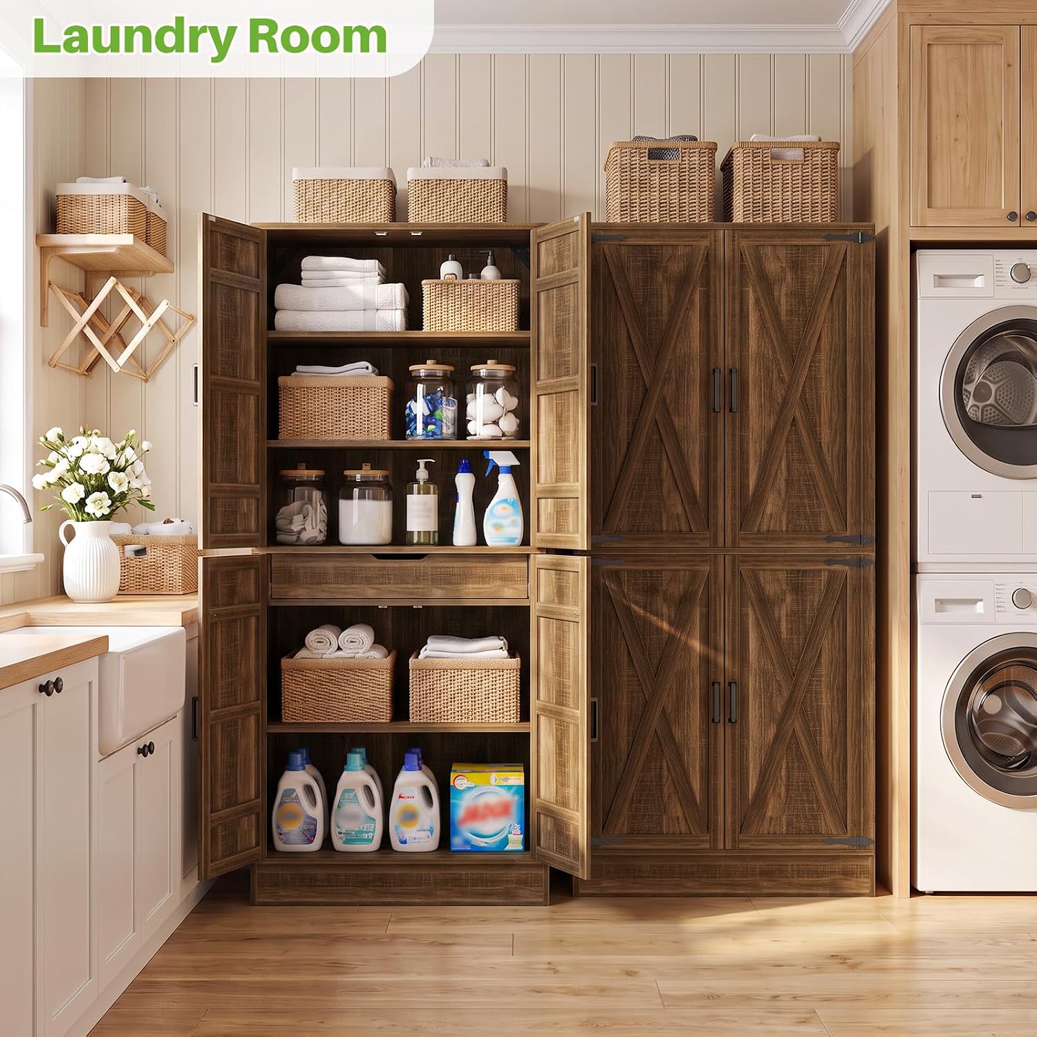 Unikito 71" Tall Kitchen Pantry Storage Cabinet with Built-in Drawer | 31.5" Wide Wood Farmhouse Storage Cabinet with Barn Doors and 3 Shelves, for Home Kitchen,Dining/Living/Laundry/Room