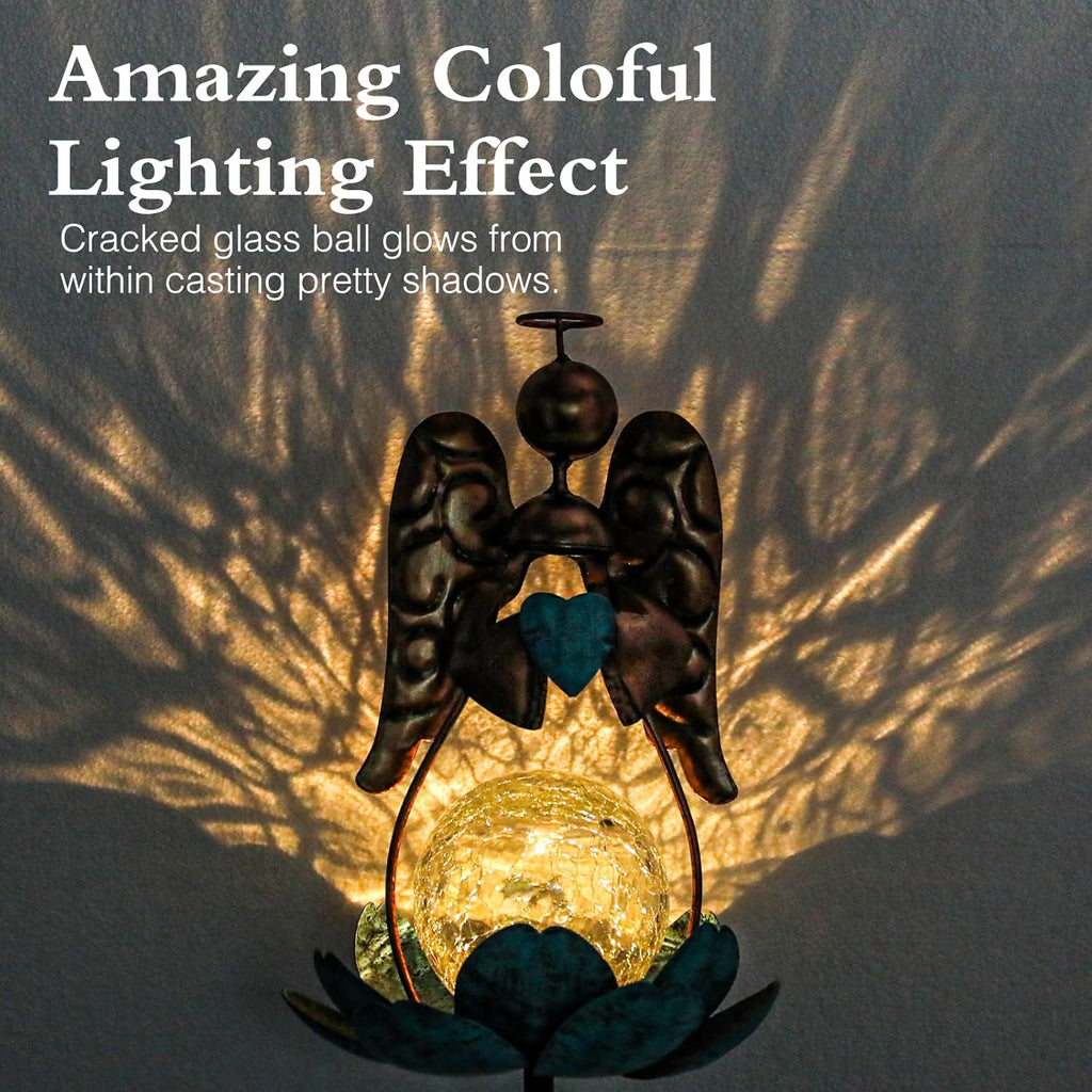 Solar Garden Lights Metal Flower Decor Colorful Solar Pathway Light with LED Cracked Crystal Ball Outdoor Decorative Stake for Patio Yard Lawn Garden Decor (Angel)