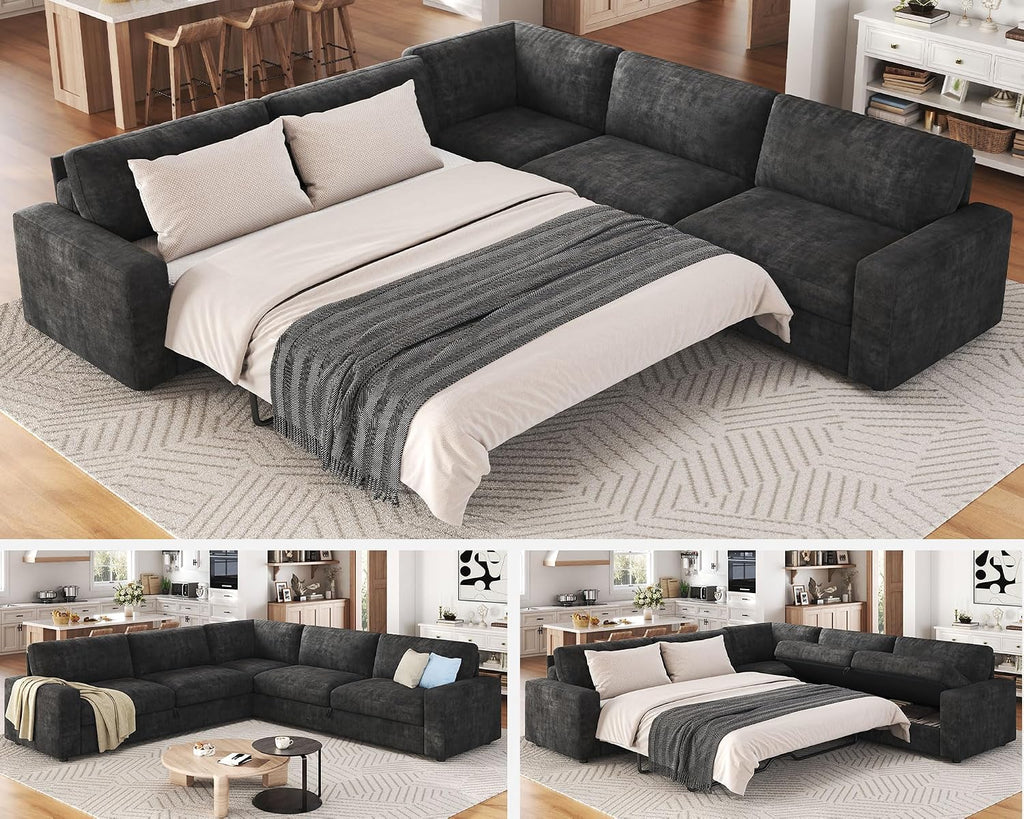 AMERLIFE 106" Sofa Bed, Couch with Pull Out Bed with Storage-Chenille Gray | Pull Out Couch Bed with Memory Foam Mattress, Resilient Cushion, Fluffy Backrest, Queen Size Sofa Bed for Living Room