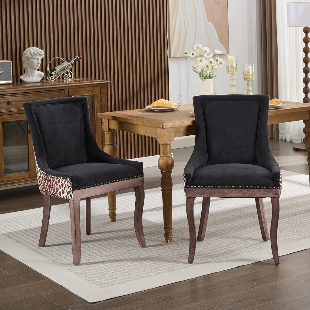LKTART Upholstered Dining Chairs Set of 2, Solid Wood Kitchen Dining Room Chairs with Thicken Padded and Nailhead Trim for Home Kitchen Bedroom Black and Leopard