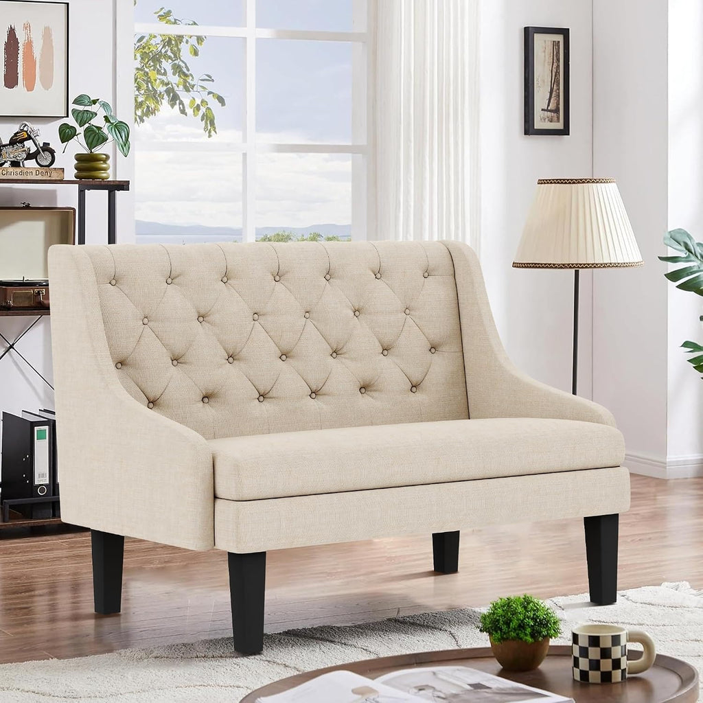 Settee Bench with Back Small Loveseat for Dining Room Living Room Entryway Modern Upholstered Banquette Button Tufted Mini Couch with Wood Legs Cream