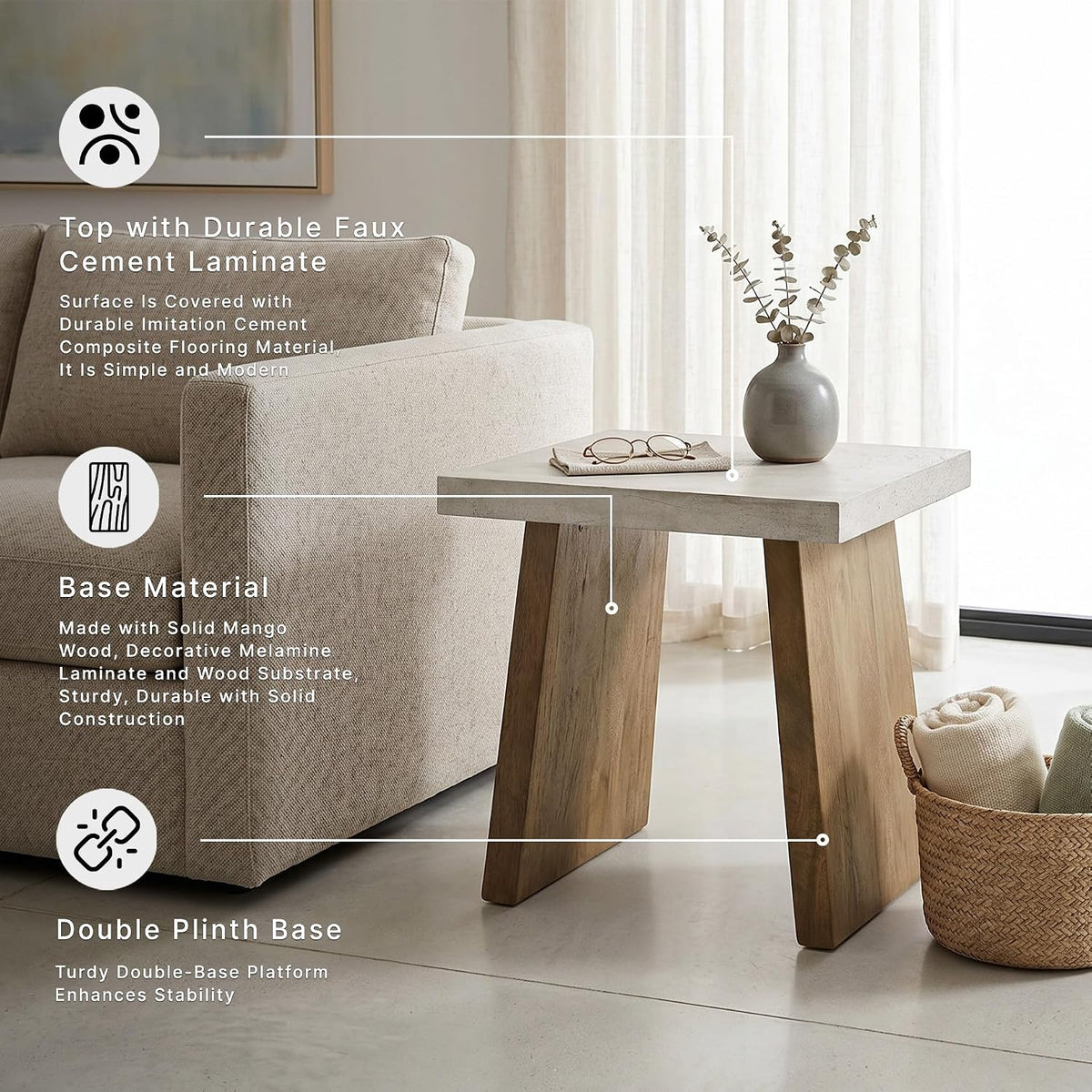 Signature Design by Ashley Brendalhouse Casual End Table with Faux Cement Top and Double Plinth Base, Solid Mango Wood, Melamine Laminate, Casually Cool Design, Light Brown & White