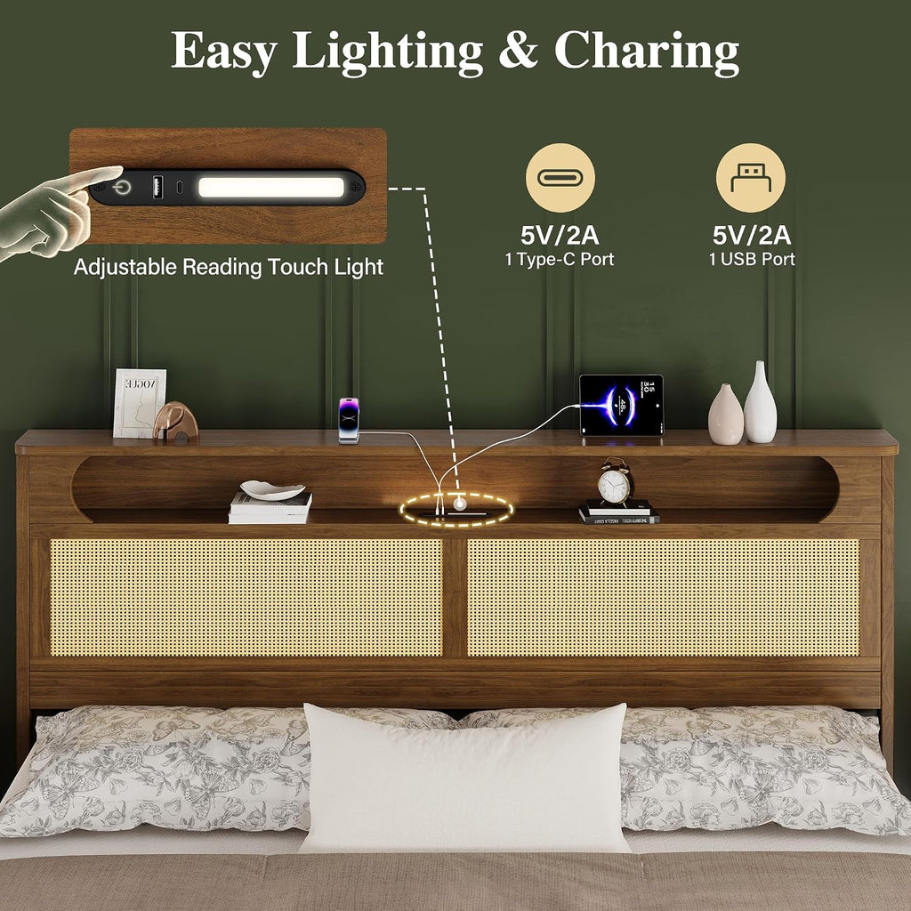 Belffin King Size Rattan Bed Frame with 2 Storage Drawers, Wood Bed, Brown