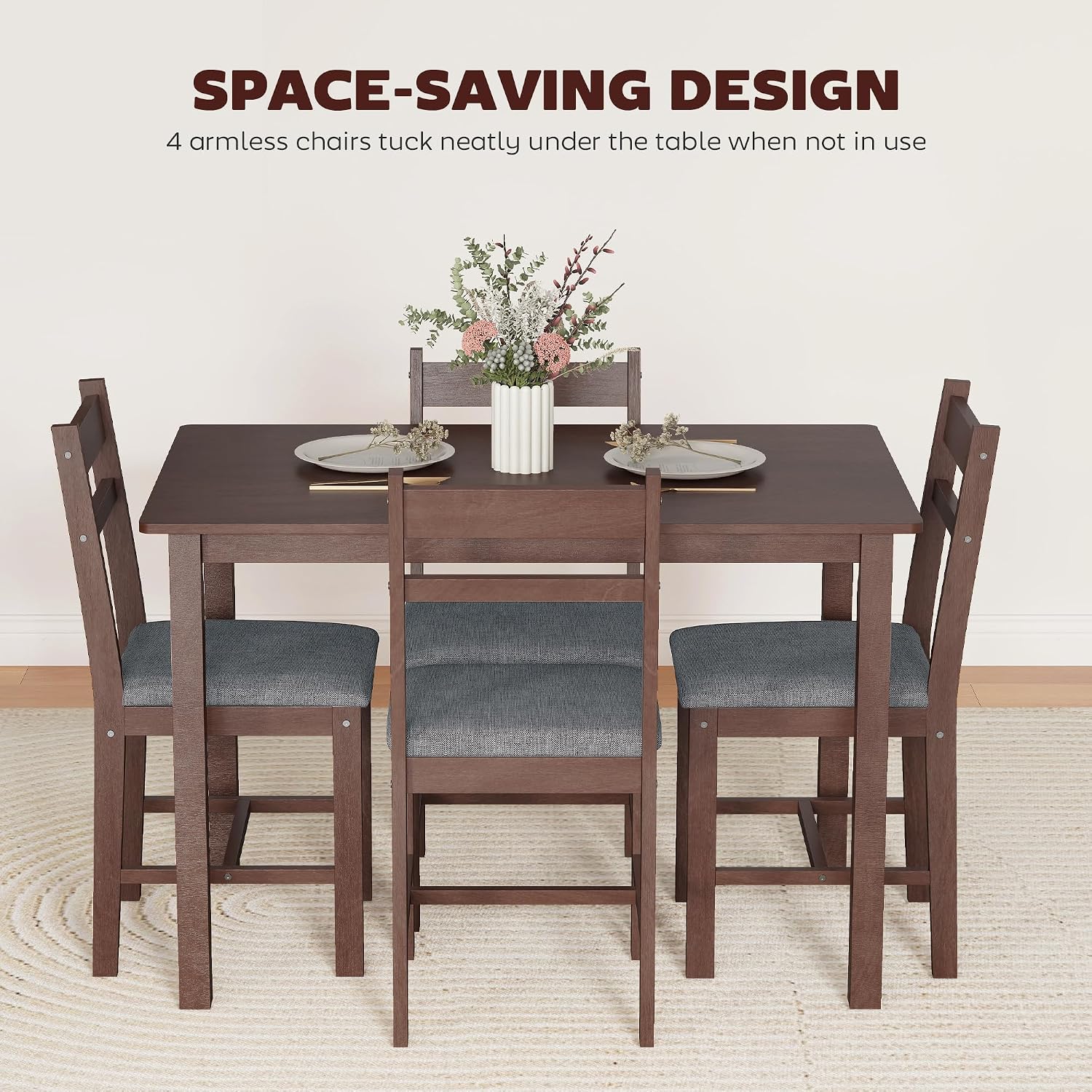 HOMCOM 5-Piece Solid Wood Dining Table Set for 4, Walnut and Gray | Farmhouse Kitchen Table, Upholstered Chairs, Small Space, Dining Room, Breakfast Nook