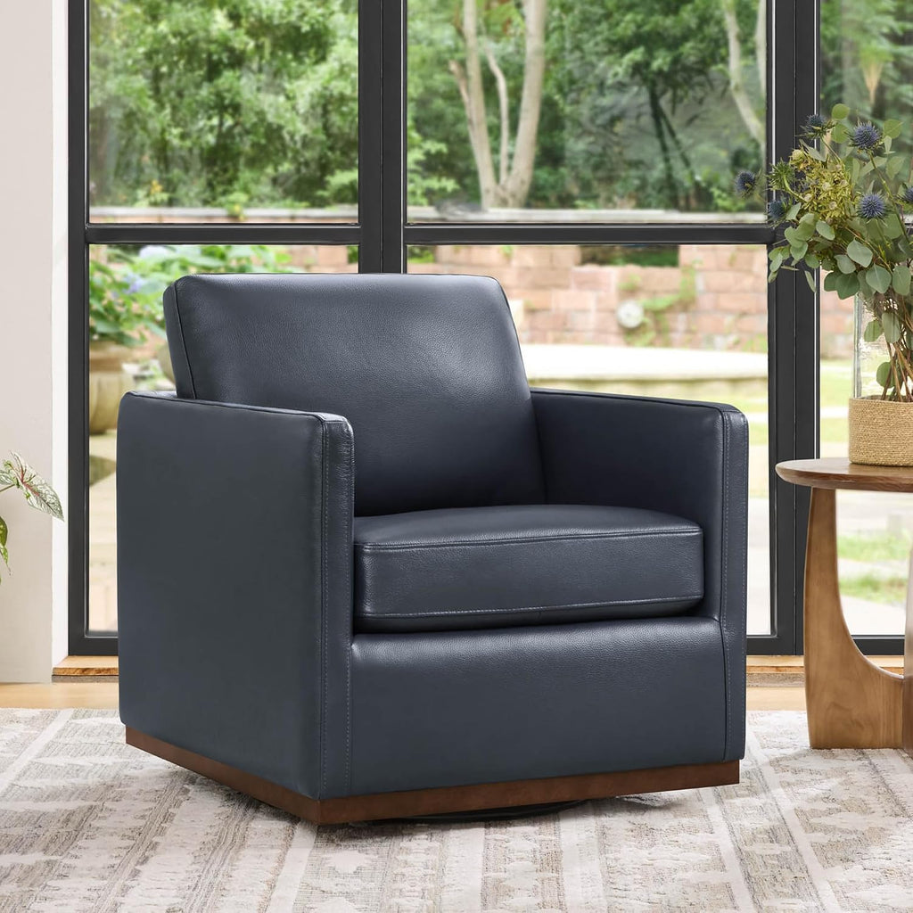 CHITA Genuine Leather Swivel Chair, Wood Frame, Fully Assembled, Navy