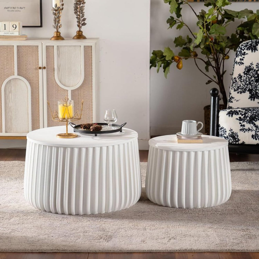 Geelife White Round Storage Table Set with Lift-Off Lid and Nesting Design | Lift-off lid reveals hidden storage compartment for blankets and essentials
