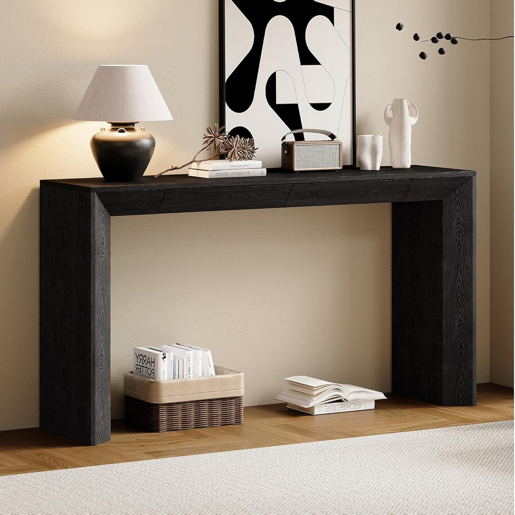 LKTART 60" Modern Farmhouse Console Table with 2 Drawers, Sofa Table Behind Sofa, Wooden Entryway Table for Living Room, Entryway & Foye,Black