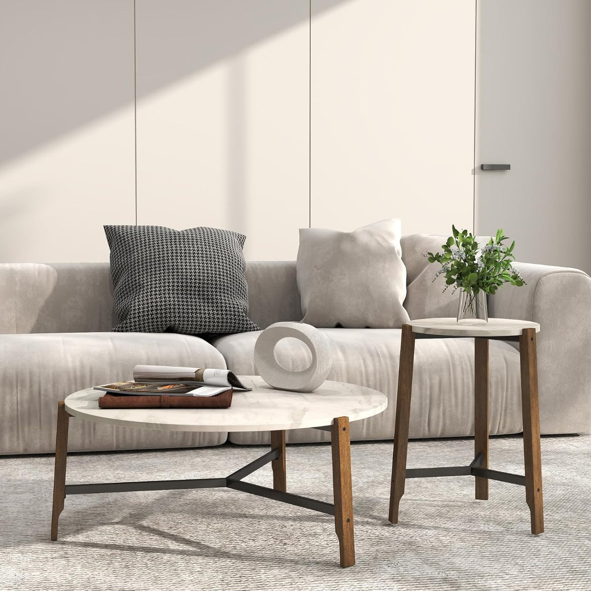 CIMOTA Round Side Table, 22.5" End Accent Table with Solid Wood Leg, White Marble Texture Tabletop, Metal Beam, Round Nightstand for Small Spaces/Living Room/Bedroom, White
