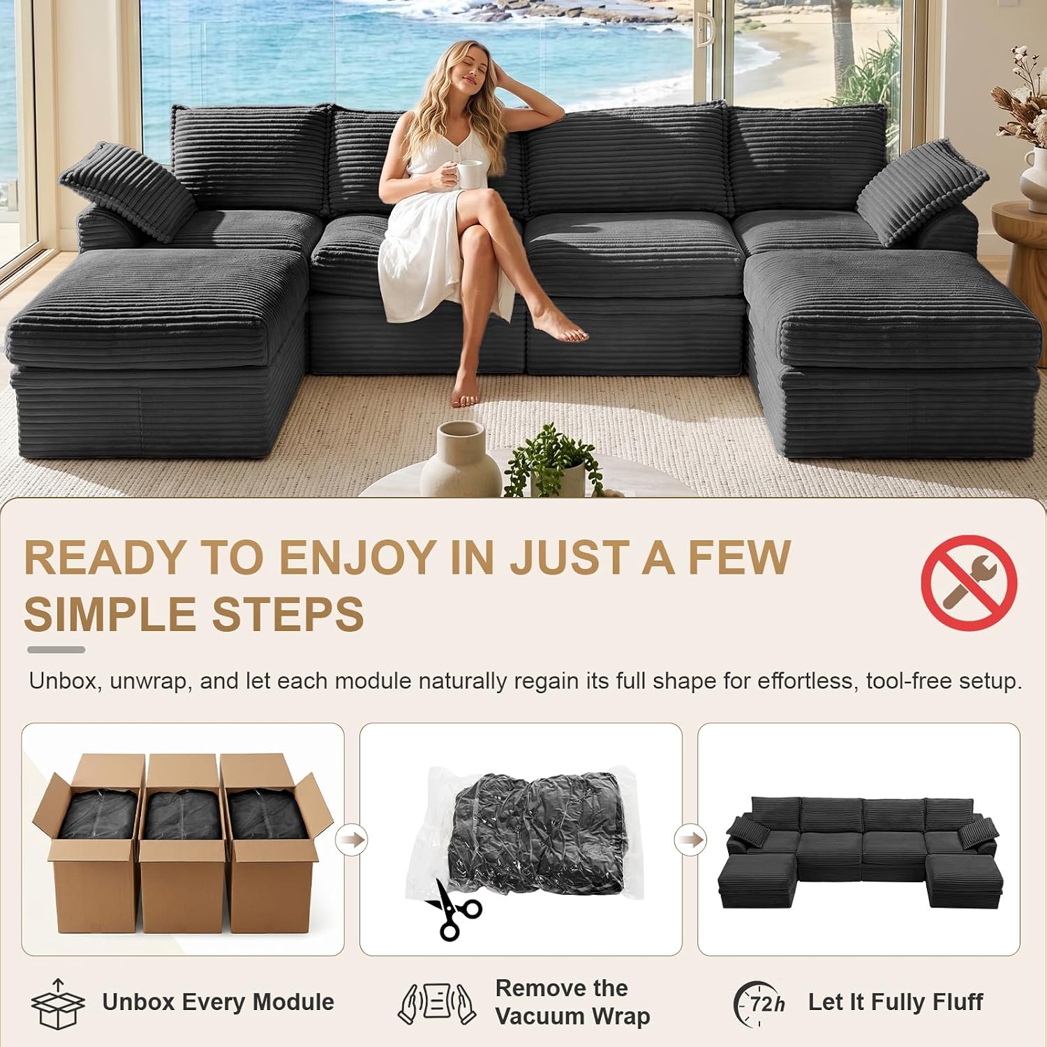 142" Upgraded Couch with Storage, Modular Sectional Couches for Living Room, Oversized Deep Seat 6-Seat U Shaped Cloud Sofa with Ottoman & Pillows,Corduroy,No Assembly (Gray)