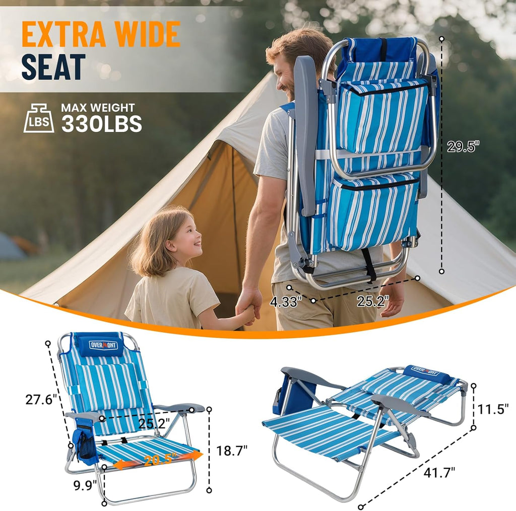 Overmont Low Beach Chair with Cooler Bag - 6-Positions Lay Flat with Ergonomic Armrests- Wide Seat with Lumbar Support, Towel Holder- Heavy-Duty 330lbs Support- Perfect for Summer, Travel & Relaxation