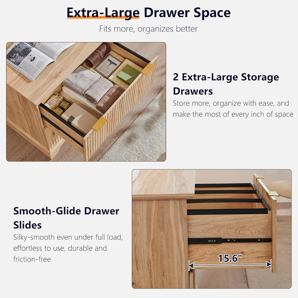30"File Cabinet W/Charging Station, w/Files Hanging Rod for Letter/Legal/A4 | 2 Drawer File Cabinet, Large Tabletop for Printer, Office Wood Printer Cabinets, Oak