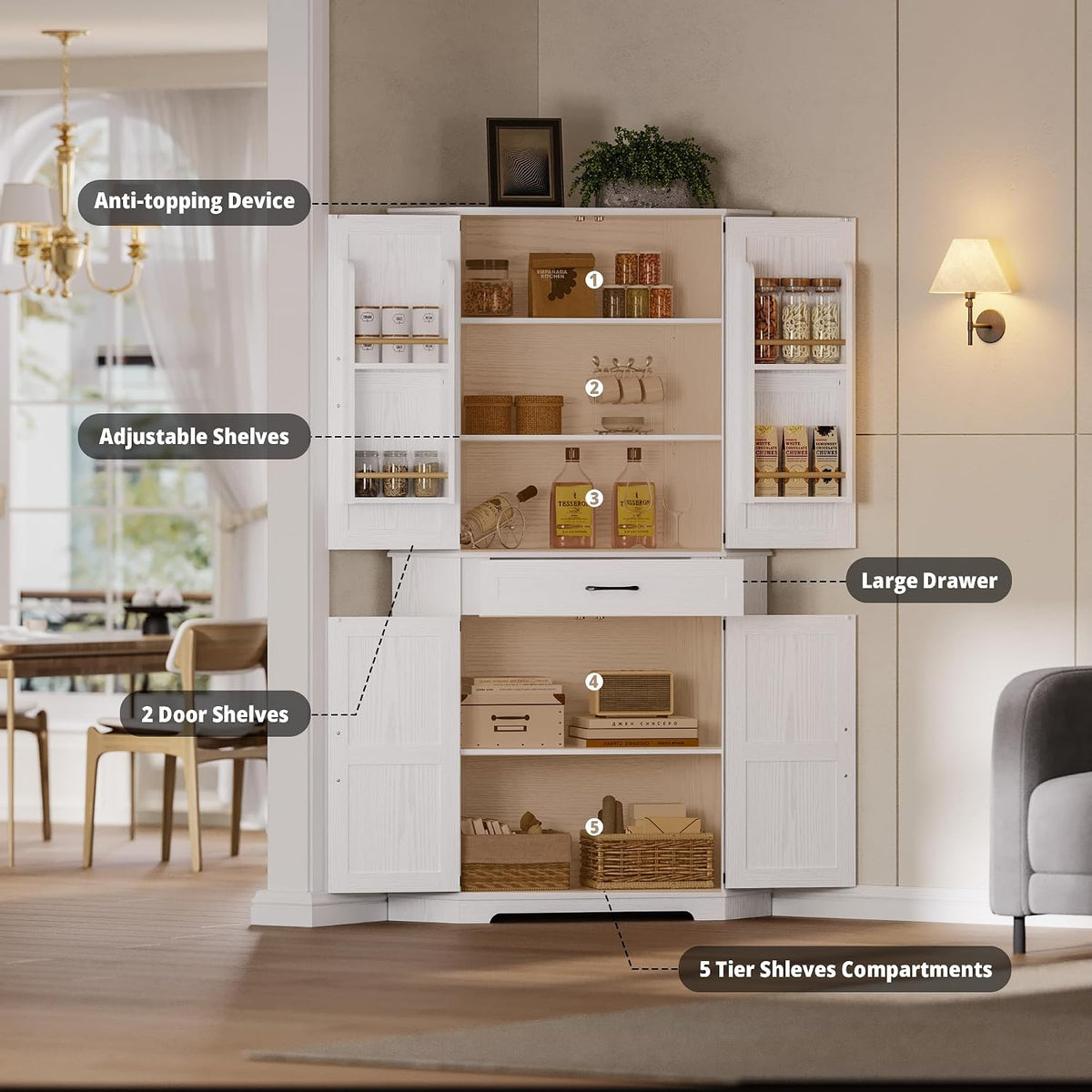 IRONCK 72" Corner Pantry Cabinet with Drawer and 4 Doors, White | Kitchen Pantry Storage Cabinet with 3 Adjustable Shelves, 2 Doors Storage, for Kitchen and Dining Room