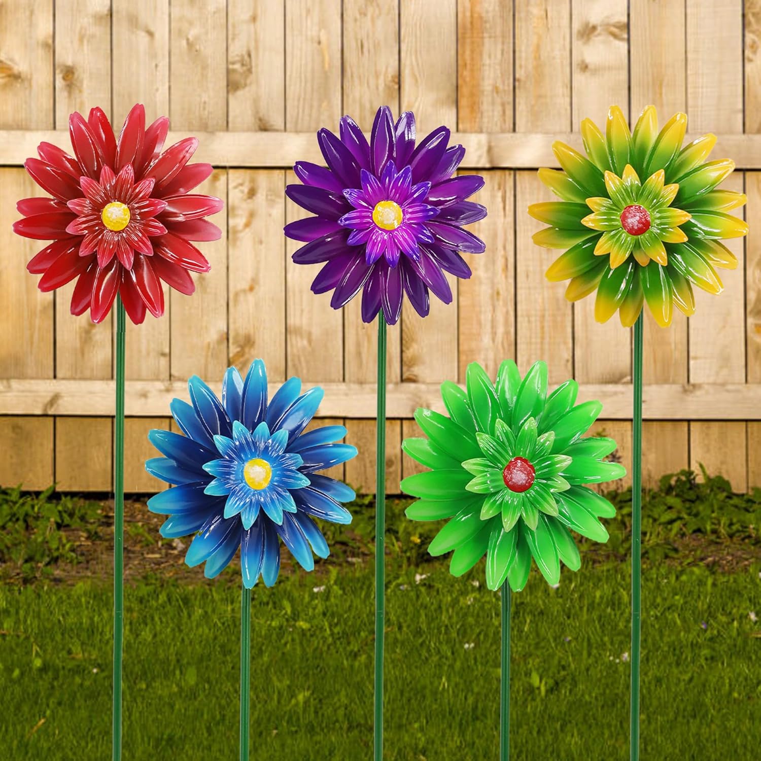 Metal Flower Wind Spinner Garden Lawn Stakes Yard Art, 27inch Lawn Windmill Ornaments Outside Garden Decorations Outdoor for Yard, 5pieces Windmill Gardening Porch Outdoor Summer Decor