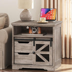 RALGEND Farmhouse End Table with Charging Station, Sofa Side Table with 2 Drawers and Barn Door, Rustic Wooden Nightstand Bedside Table for Bedroom, Living Room, Greige
