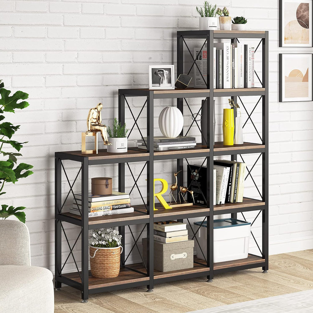 Tribesigns 12 Shelves Bookshelf, Industrial Ladder Corner Bookshelf 9 Cubes Stepped Etagere Bookcase, Rustic 5-Tier Display Shelf Storage Organizer for Home Office (Rustic Brown)