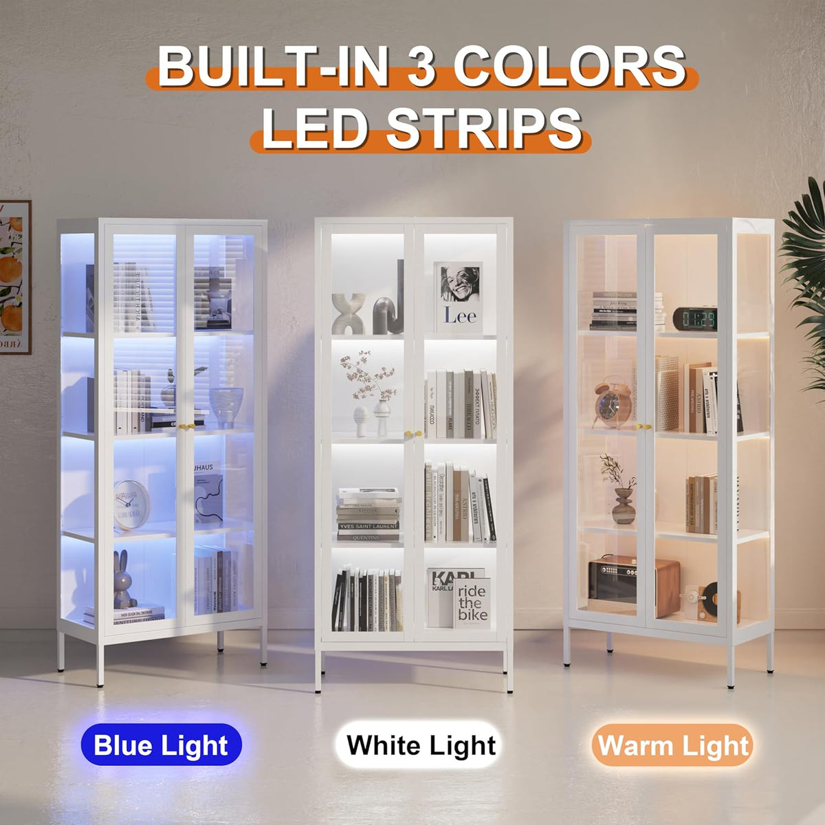 66" H Glass Display Cabinet 4-Tier,Lighted Display case,Curio Cabinet with Glass Doors and Adjustable Shelves, Display Shelf for Collectibles,Living Room