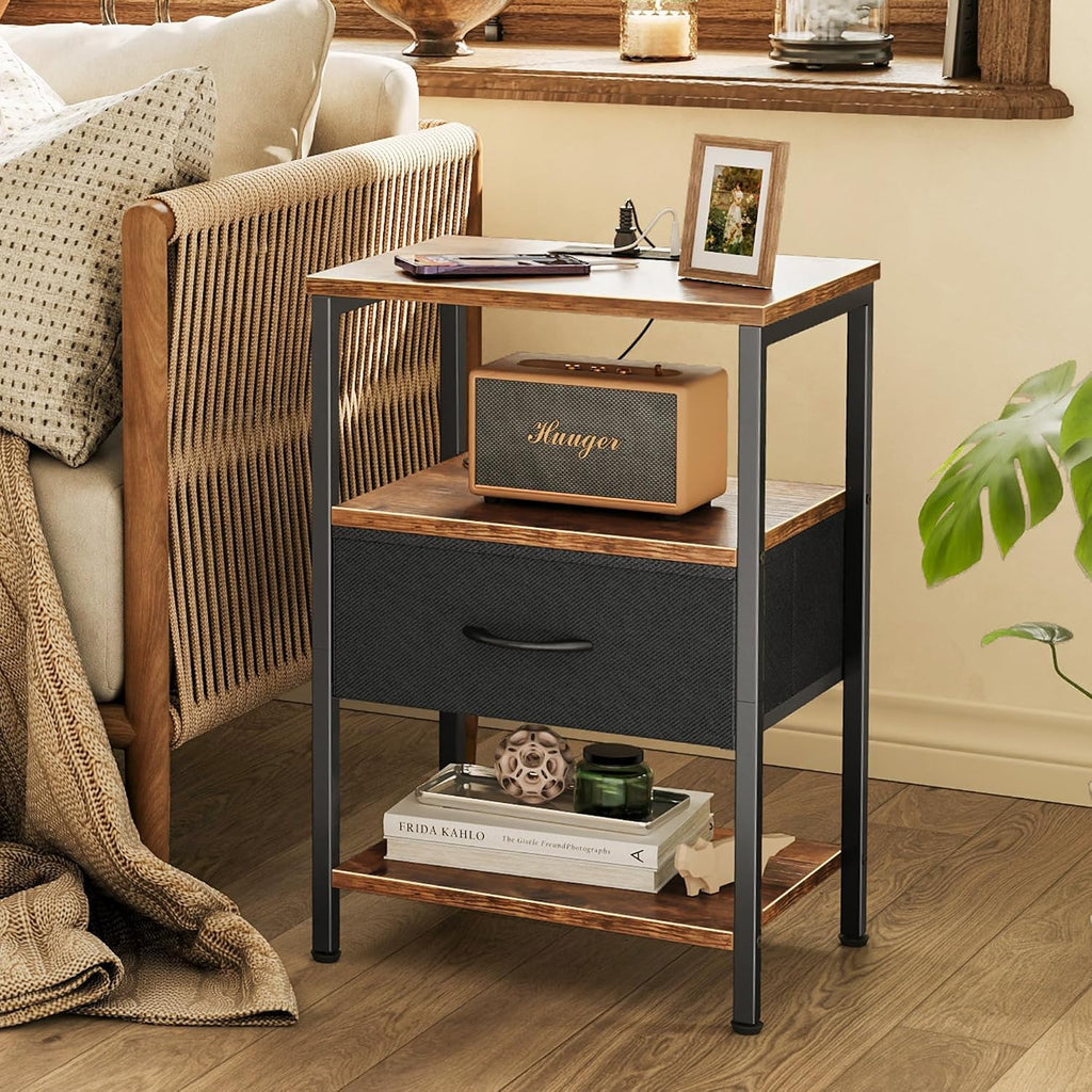 SUPERJARE Nightstand with Charging Station, Bed Side Table with Adjustable Fabric Drawer, Night Stand for Bedroom, 3-Tier Storage End Table, for Living Room, Rustic Brown and Black