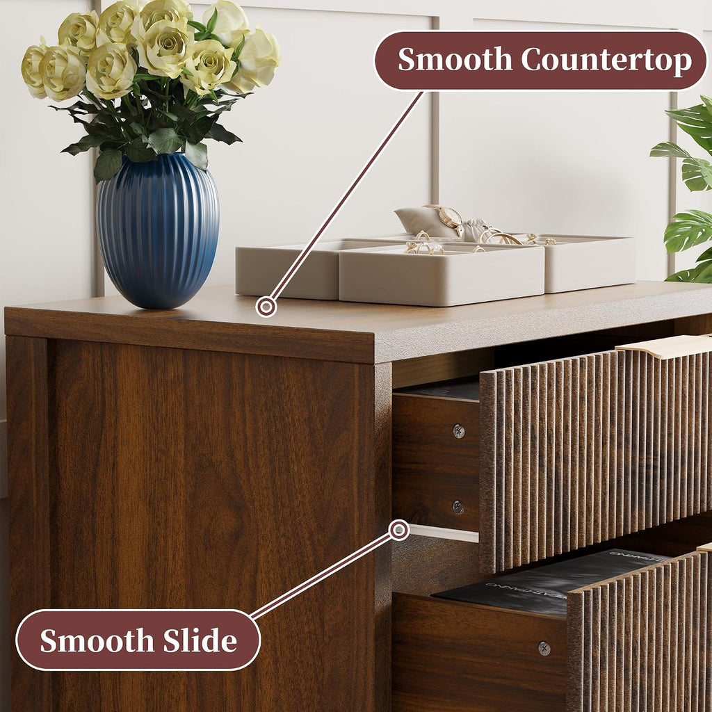 Fluted Nightstands Set of 2, 23.7'' Wide Night Stand with 3 Drawers, Mid-Century Modern Bedside Table with Handles, Wood End Table for Bedroom, Walnut
