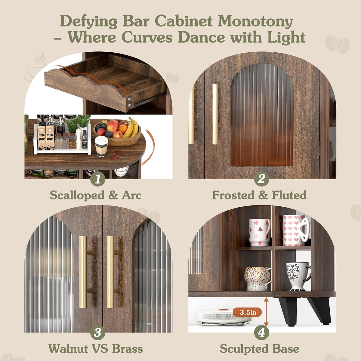 VINAEMO Coffee Bar Cabinet with 24-Cup Display, Large Drawer & Storage,Modern Buffet Sideboard for Kitchen, Medium Wooden Bar Station for Apartment，Walnut