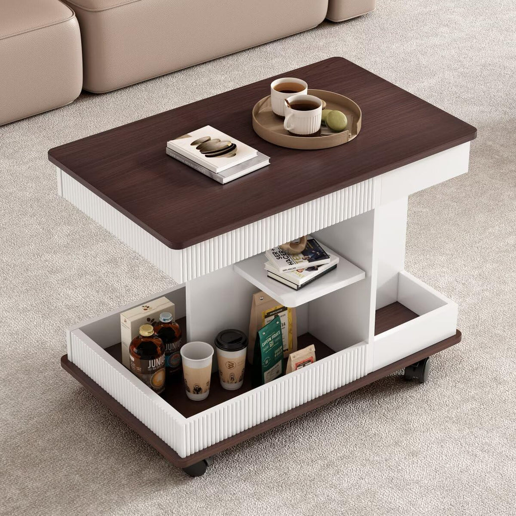 29.5" Adjustable End Table with Wheels, Modern Multifunctional Sofa Side Table with Lift-Top, 360°Rotating Top and Storage Space for Living Room, Small Space, Brown+White