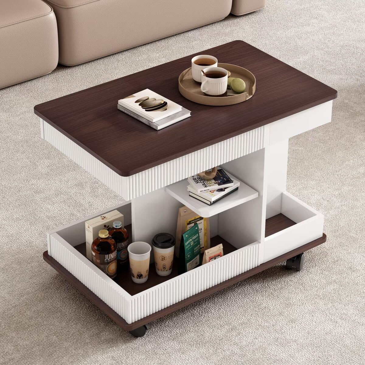 29.5" Adjustable End Table with Wheels, Modern Multifunctional Sofa Side Table with Lift-Top, 360°Rotating Top and Storage Space for Living Room, Small Space, Brown+White