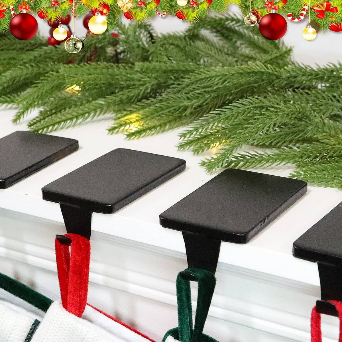 HMASYO Christmas Stocking Holders for Mantle Set of 2, Black Heavy Duty Iron Stocking Hangers Base, Low Profile Weighted Stocking Holder Hooks for Fireplace Tabletop Shelf Christmas Decoration