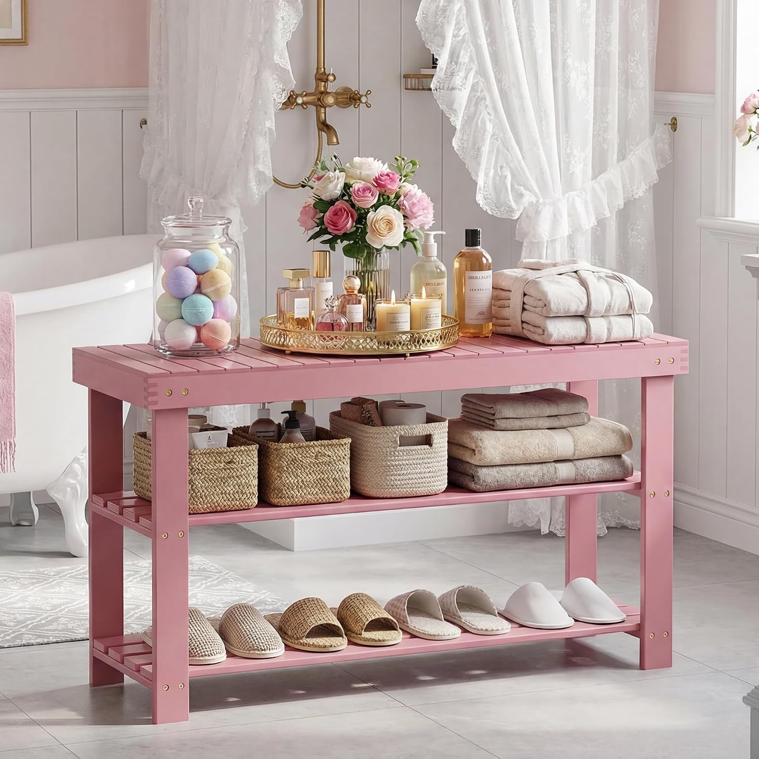 SMIBUY Bamboo Shoe Rack Bench, 3-Tier Shoe Organizer Storage Shelf for Entryway Hallway Bathroom Living Room (Pink)