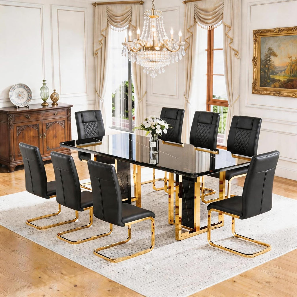 79" Black Dining Table Set for 8,Modern Luxury Dining Table Set with Chrome Gold Legs, Faux Marble Kitchen Table with 8 Black Gold Chairs for Kitchen and Dining Room