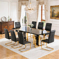 79" Black Dining Table Set for 8,Modern Luxury Dining Table Set with Chrome Gold Legs, Faux Marble Kitchen Table with 8 Black Gold Chairs for Kitchen and Dining Room