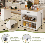80" Kitchen Island with Extendable Dining Table, Marble-Grain Countertop with Power Outlet, Rolling Kitchen Cart with Storage Cabinet & 2 Drawers for Dining Room House Bar,Black