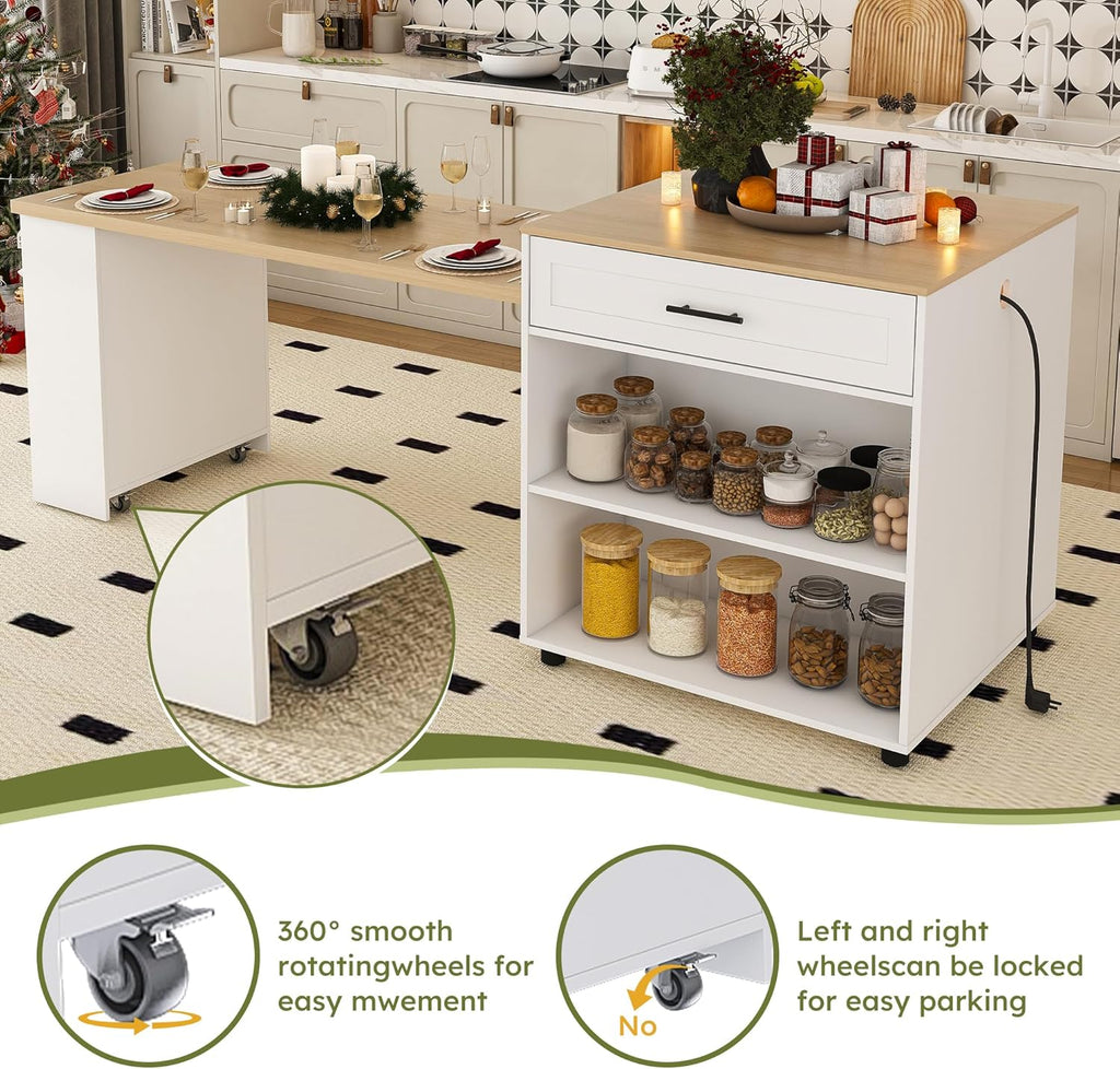 80" Kitchen Island with Extendable Dining Table, Marble-Grain Countertop with Power Outlet, Rolling Kitchen Cart with Storage Cabinet & 2 Drawers for Dining Room House Bar,White