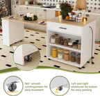 80" Kitchen Island with Extendable Dining Table, Marble-Grain Countertop with Power Outlet, Rolling Kitchen Cart with Storage Cabinet & 2 Drawers for Dining Room House Bar,White