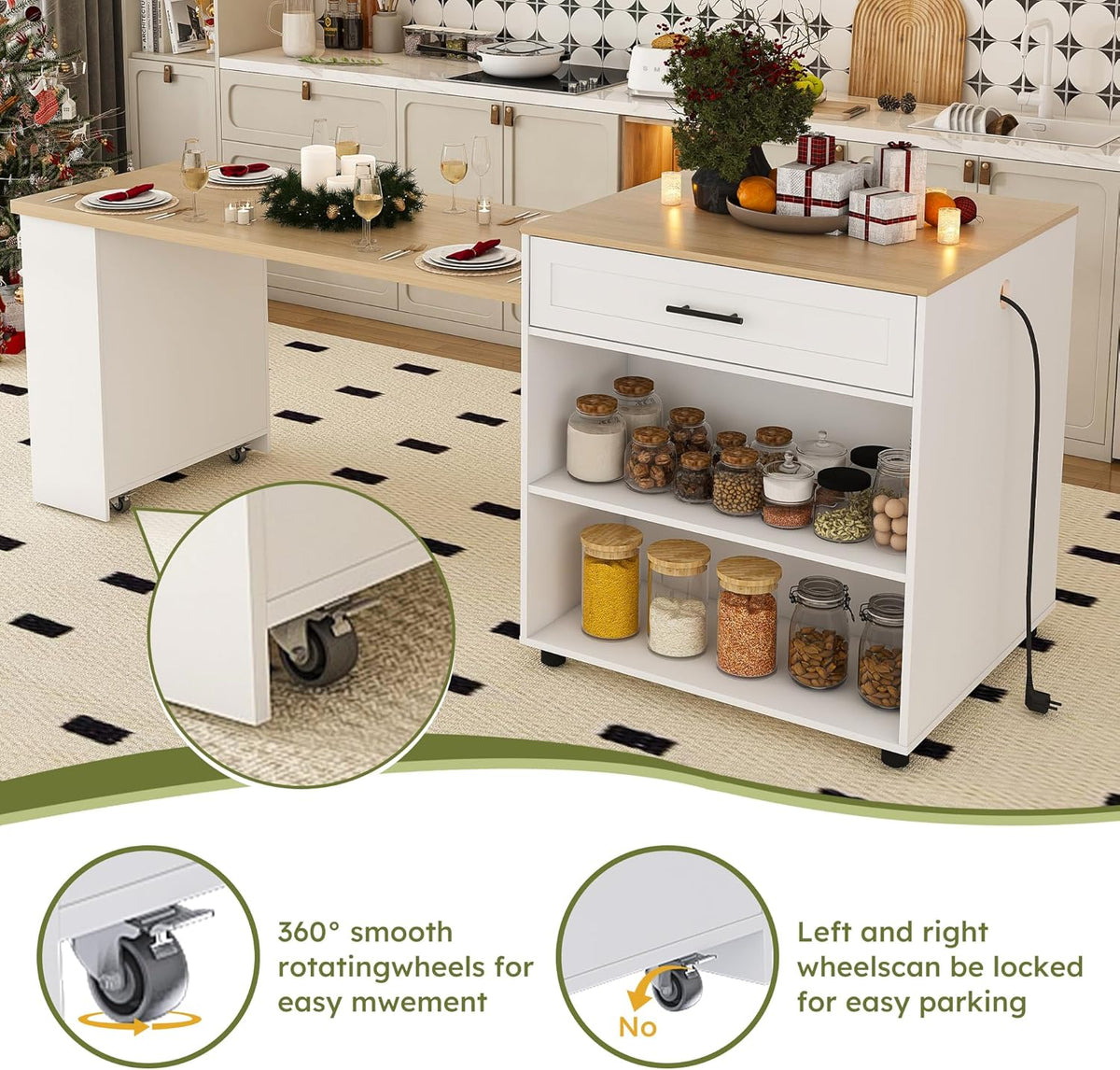 80" Kitchen Island with Extendable Dining Table, Marble-Grain Countertop with Power Outlet, Rolling Kitchen Cart with Storage Cabinet & 2 Drawers for Dining Room House Bar,White