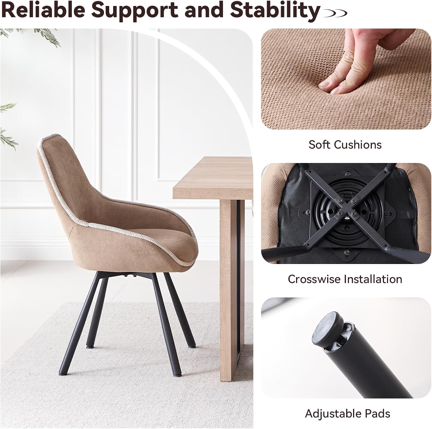 Dining Chair Set of 2, Upholstered 360° Swivel Chairs, Brown | Modern Dining Chairs With Thickened Cushion, Ergonomic Design & Adjustable Foot Pads, for Living Room, Bedroom and Restaurant