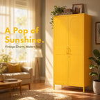 67 Inch Lockable Yellow Steel Wardrobe Storage Cabinet, Freestanding Metal Armoire Locker with Hanging Rod and Adjustable Shelves, Heavy Duty Clothing Storage Locker for Bedroom Apartment Home Use