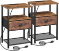 LOAKEKEL Nightstands Set of 2 with Charging Station, Side Tables Bedroom | Night Stand Set 2, End Tables Living Room with Type-C, Fabric Drawer & Open Shelves, Rustic Brown