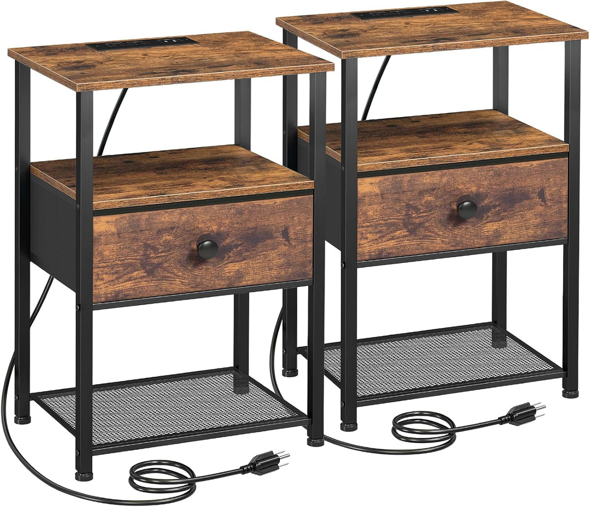 LOAKEKEL Nightstands Set of 2 with Charging Station, Side Tables Bedroom | Night Stand Set 2, End Tables Living Room with Type-C, Fabric Drawer & Open Shelves, Rustic Brown
