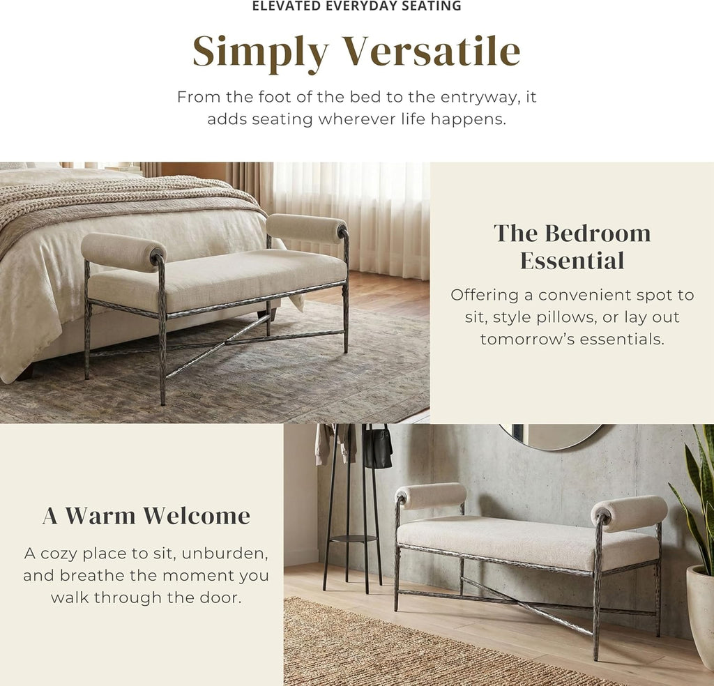 24/7 Shop at Home Lalia Upholstered 48-inch Metal Bench with Padded Roll Arms, Beige Fabric Seat, Hammered Forged Steel Frame, Modern Bedroom or Entryway, Matte Gold