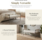 24/7 Shop at Home Lalia Upholstered 48-inch Metal Bench with Padded Roll Arms, Beige Fabric Seat, Hammered Forged Steel Frame, Modern Bedroom or Entryway, Matte Gray